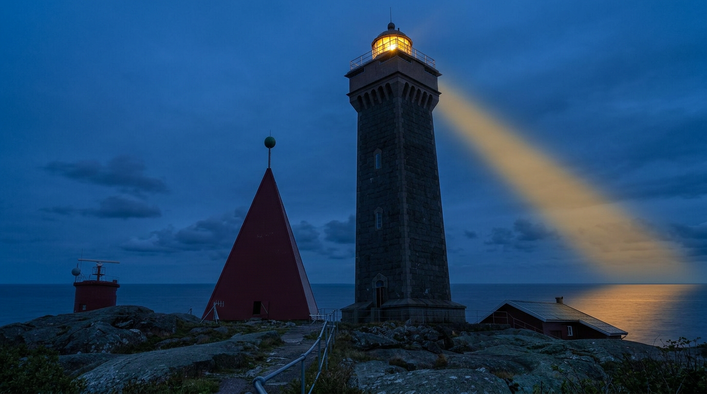 Vinga Fyr on its rocky islet off the Swedish west coast: the granite lighthouse tower and red pyramid daymark above a red pilot house, under a dramatic sky